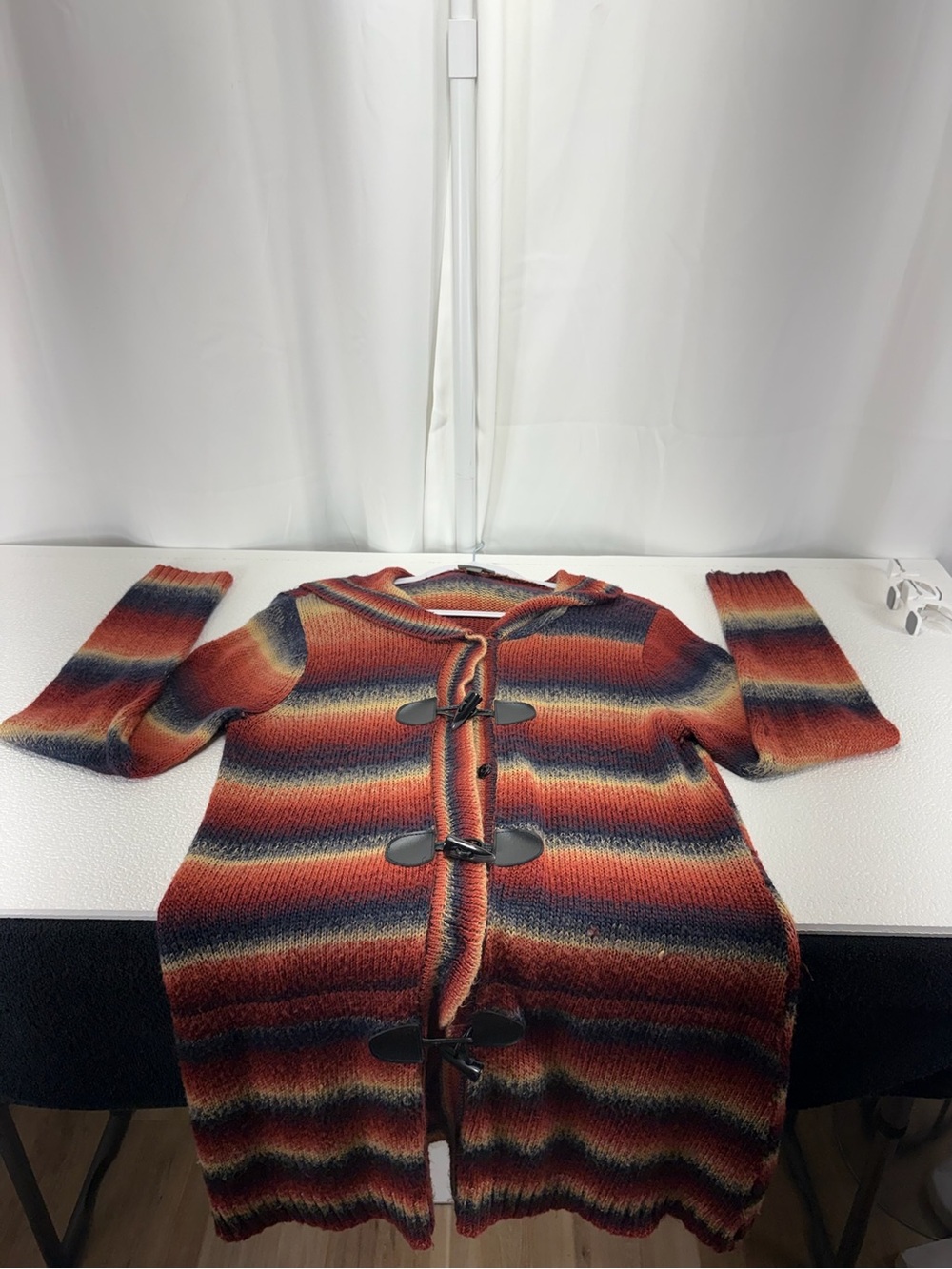 Roz & Ali Rust Navy Cream Striped Toggle Hooded Cardigan Sweater 4601 - Picture 3 of 10